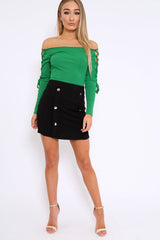 Green Ribbed Bardot Lace up Sleeve Top - Phoenix-Tops