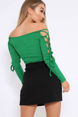 Green Ribbed Bardot Lace up Sleeve Top - Phoenix-Tops