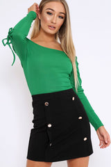 Green Ribbed Bardot Lace up Sleeve Top - Phoenix-Tops