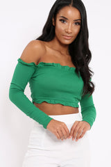 Green Ribbed Frill Bardot Crop Top - Cassidy-Crop Tops