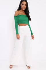 Green Ribbed Frill Bardot Crop Top - Cassidy-Crop Tops