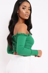 Green Ribbed Frill Bardot Crop Top - Cassidy-Crop Tops