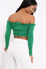 Green Ribbed Frill Bardot Crop Top - Cassidy-Crop Tops