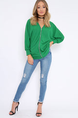 Green Ribbed Oversized Zip Front Top - Rabecca-Tops