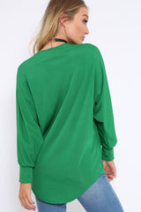 Green Ribbed Oversized Zip Front Top - Rabecca-Tops