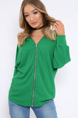 Green Ribbed Oversized Zip Front Top - Rabecca-Tops