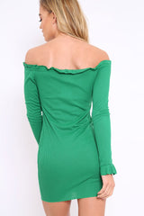 Green Ribbed Ruffle Long Sleeve Bardot Dress - Madison-Dresses