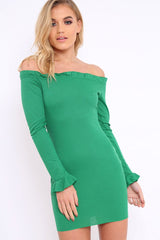 Green Ribbed Ruffle Long Sleeve Bardot Dress - Madison-Dresses