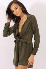 Green Satin Plunge Knot Playsuit - Candy-Playsuits
