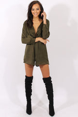 Green Satin Plunge Knot Playsuit - Candy-Playsuits