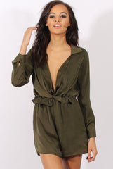 Green Satin Plunge Knot Playsuit - Candy-Playsuits