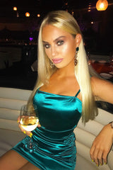 Green Satin Ruched Bodycon Dress - Aara-Dresses