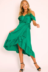 Green Satin Ruffle Wrap Midi Dress - Eiza-Dresses