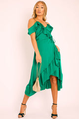 Green Satin Ruffle Wrap Midi Dress - Eiza-Dresses