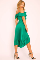 Green Satin Ruffle Wrap Midi Dress - Eiza-Dresses