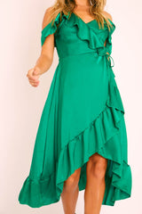 Green Satin Ruffle Wrap Midi Dress - Eiza-Dresses