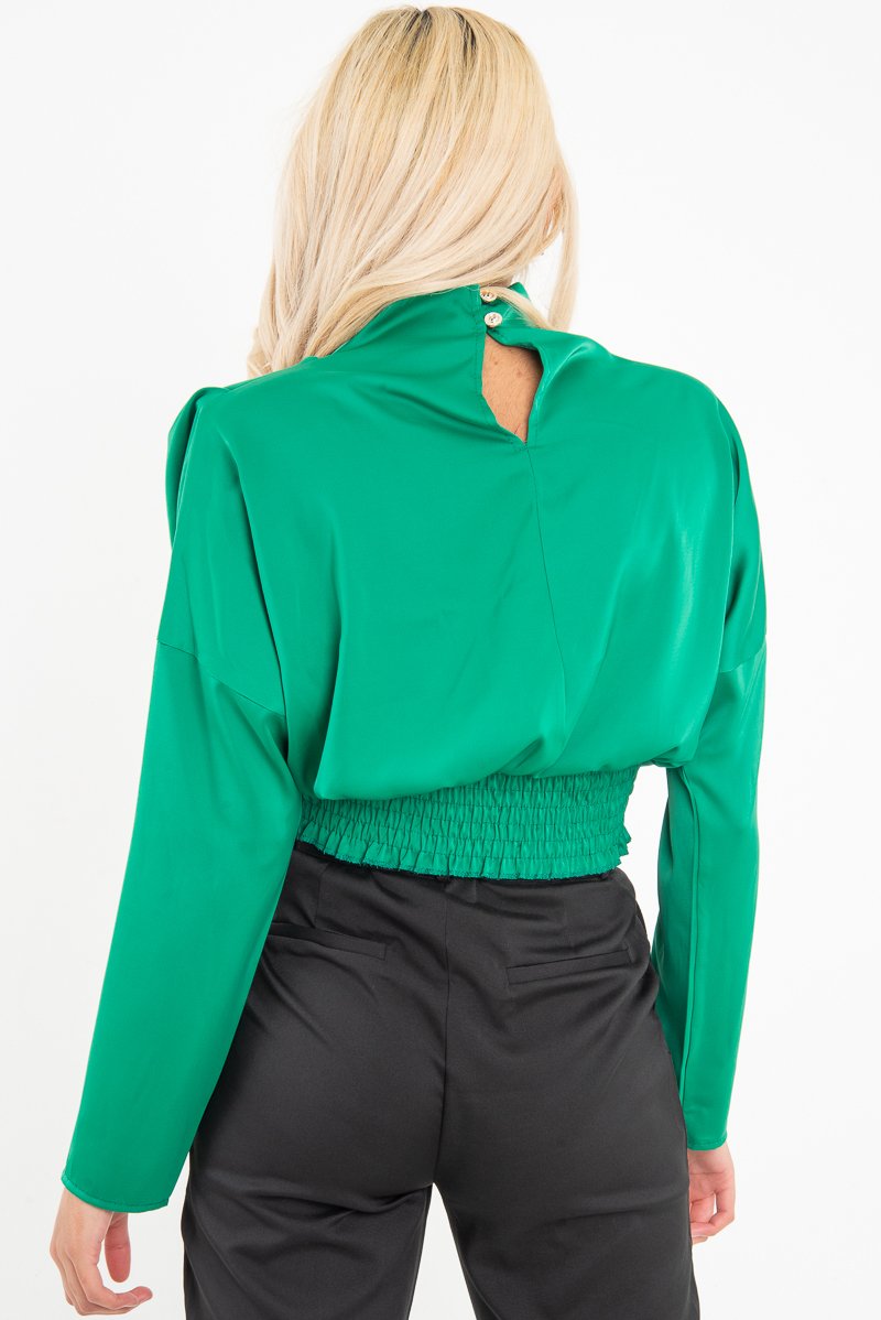 Green Satin Shoulder Pad Shirred Waist Blouse - Farida-Blouse