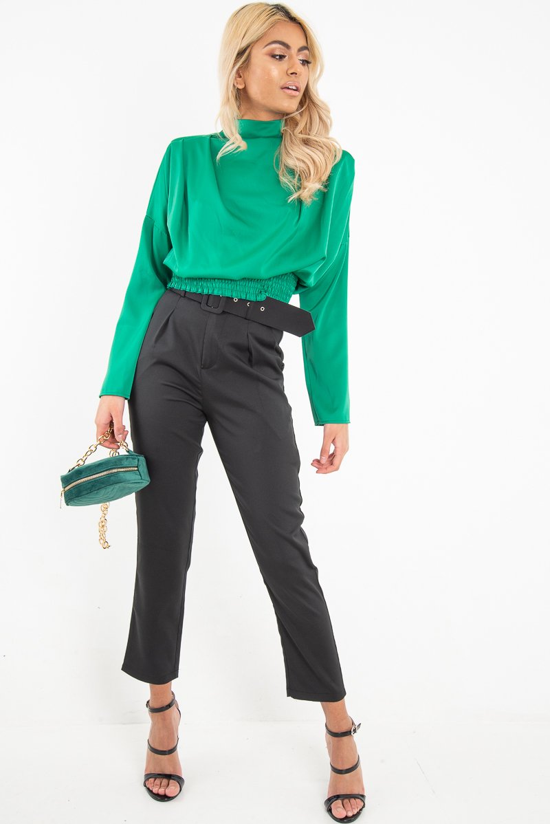 Green Satin Shoulder Pad Shirred Waist Blouse - Farida-Blouse