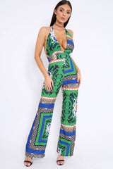 Green Scarf Print Backless Jumpsuit - Winslet-Jumpsuits