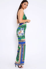 Green Scarf Print Backless Jumpsuit - Winslet-Jumpsuits