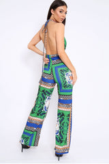 Green Scarf Print Backless Jumpsuit - Winslet-Jumpsuits