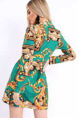 Green Scarf Print Button Detail Blazer Dress - Hannah-Dresses