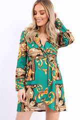 Green Scarf Print Button Detail Blazer Dress - Hannah-Dresses