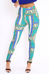 Green Scarf Print Leggings - Lilyan-Trousers