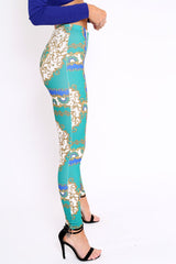 Green Scarf Print Leggings - Lilyan-Trousers
