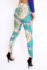 Green Scarf Print Leggings - Lilyan-Trousers