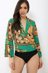 Green Scarf Print Plunge Bodysuit - Cindy-Lou-Bodysuits