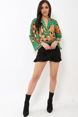 Green Scarf Print Plunge Bodysuit - Cindy-Lou-Bodysuits