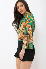 Green Scarf Print Plunge Bodysuit - Cindy-Lou-Bodysuits