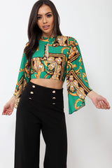 Green Scarf Print Plunge Top - Hatty-Tops