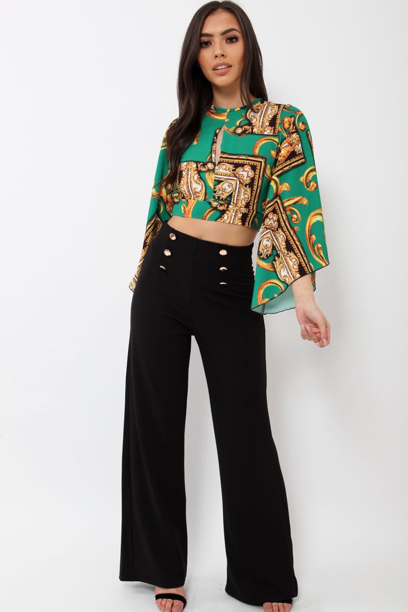 Green Scarf Print Plunge Top - Hatty-Tops