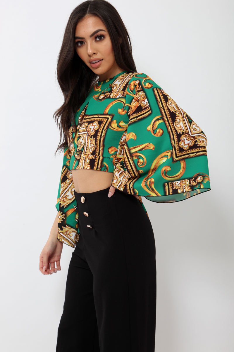 Green Scarf Print Plunge Top - Hatty-Tops