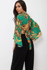 Green Scarf Print Plunge Top - Hatty-Tops
