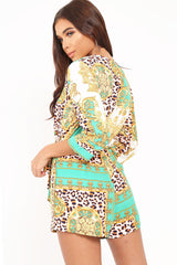 Green Scarf Print Tie Waist Playsuit - Kaye-Playsuits