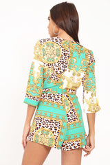 Green Scarf Print Tie Waist Playsuit - Kaye-Playsuits