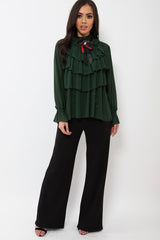 Green Sheer Ruffle Blouse with Striped Neck Tie - Viktoria-Shirts