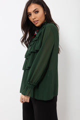 Green Sheer Ruffle Blouse with Striped Neck Tie - Viktoria-Shirts