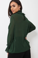 Green Sheer Ruffle Blouse with Striped Neck Tie - Viktoria-Shirts
