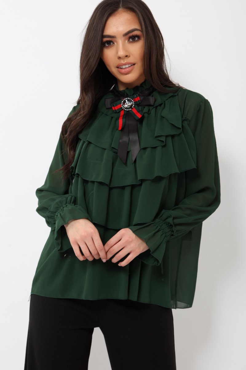 Green Sheer Ruffle Blouse with Striped Neck Tie - Viktoria-Shirts