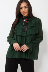 Green Sheer Ruffle Blouse with Striped Neck Tie - Viktoria-Shirts
