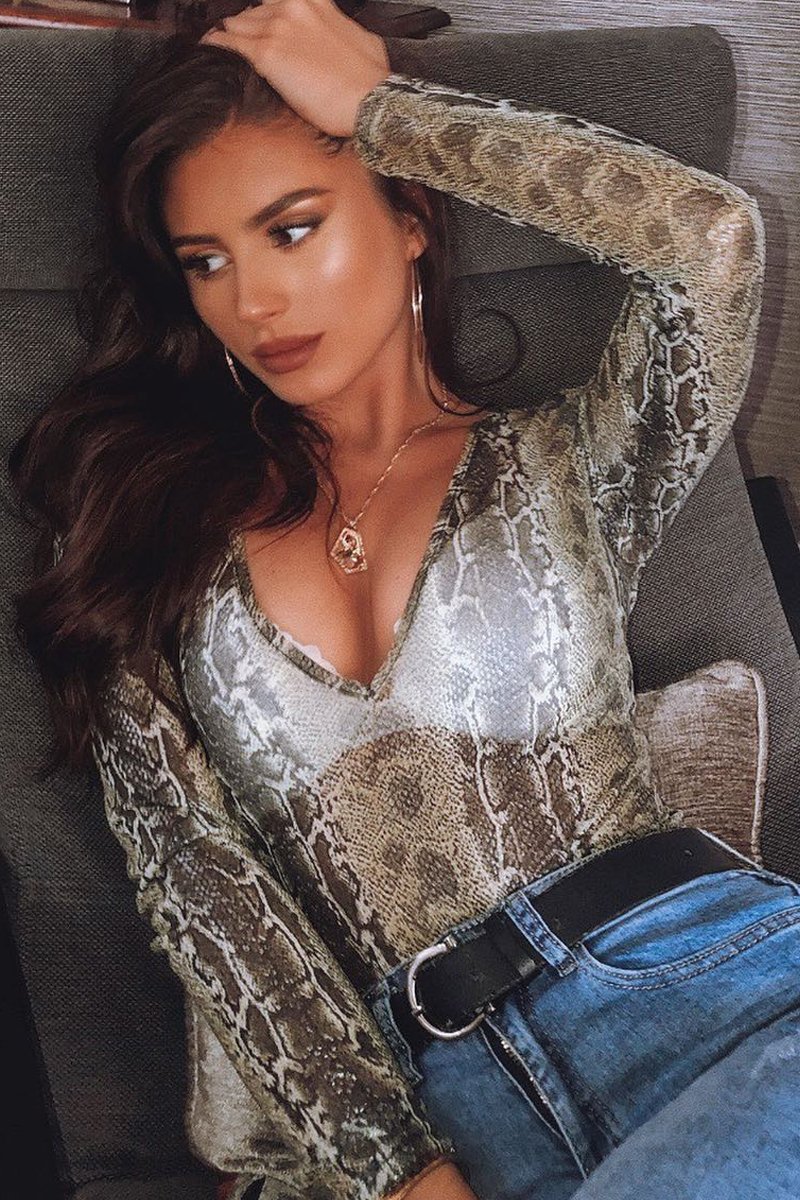 Green Snake Plunge Coated Long Sleeve Bodysuit - Clemmie-Bodysuits