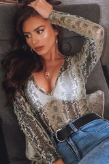 Green Snake Plunge Coated Long Sleeve Bodysuit - Clemmie-Bodysuits