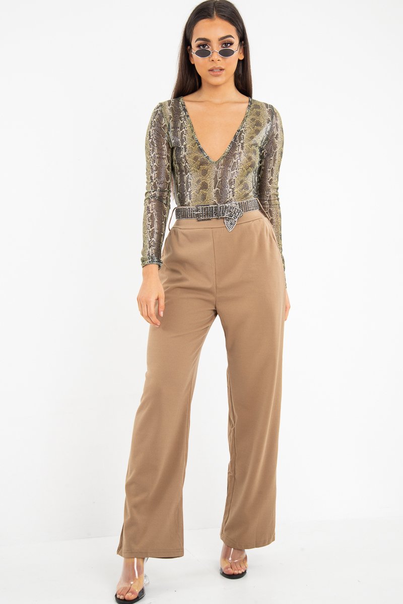 Green Snake Plunge Coated Long Sleeve Bodysuit - Clemmie-Bodysuits