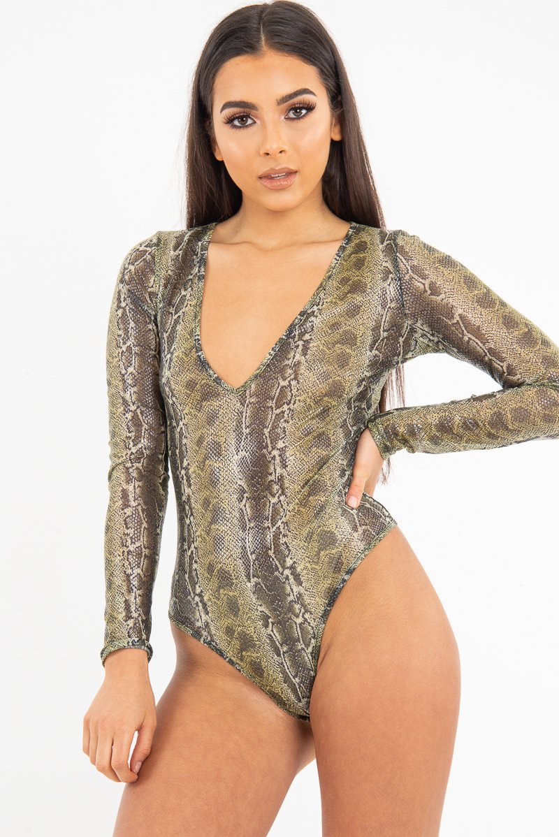 Green Snake Plunge Coated Long Sleeve Bodysuit - Clemmie-Bodysuits