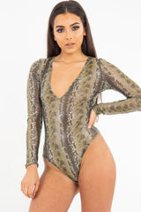 Green Snake Plunge Coated Long Sleeve Bodysuit - Clemmie-Bodysuits