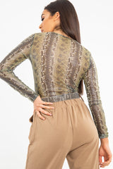 Green Snake Plunge Coated Long Sleeve Bodysuit - Clemmie-Bodysuits